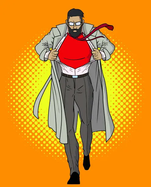 Vector illustration of Vector Hipster Man Transforms into Superhero