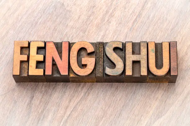 feng shui word abstract in vintage letterpress wood type blocks