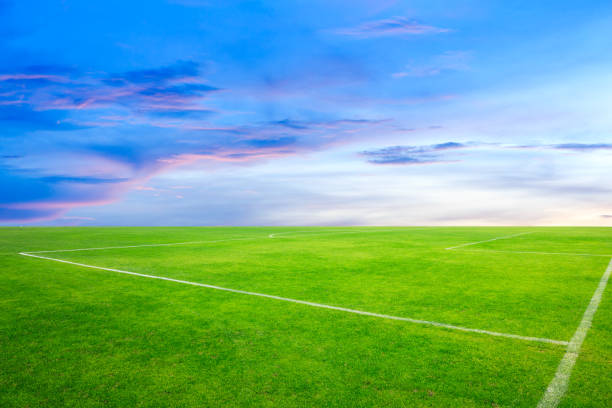 Green football field and sky clouds at sunrise