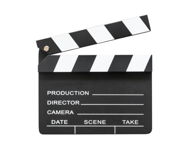 istock Film slate board or cinema clapperboard with take, action, scence blank copyspace isolated on white background with clipping path for cinema movie production and video camera director 986208042