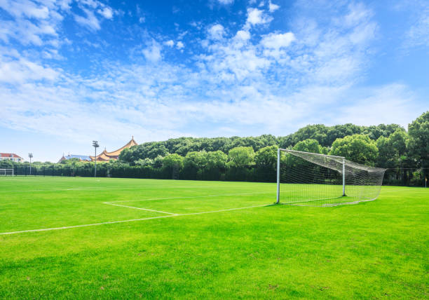 istock Green football field under blue sky 986213290