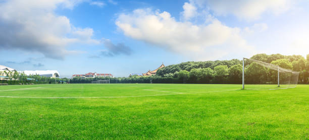 istock Green football field under blue sky 986213830