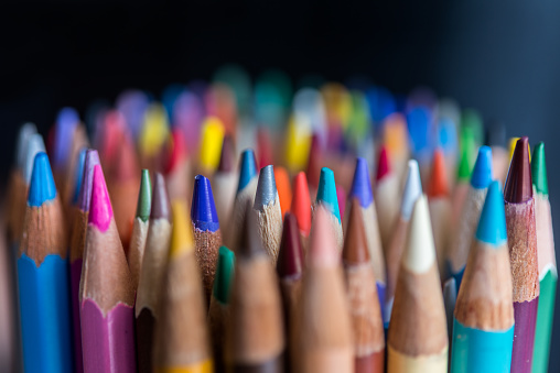 Colored pencils close-up macro shot. school education and drawing skills