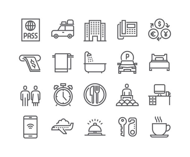 ilustraciones, imágenes clip art, dibujos animados e iconos de stock de conjunto de icono de vector de movimiento editables de línea simple, el edificio del hotel, servicio de hotel, coche de viaje de cuarto de baño y más. .48x48 pixel perfect. - icon set computer icon symbol hotel