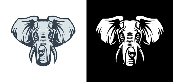 Vector silhouette of elephant or mammoth head on white and black background