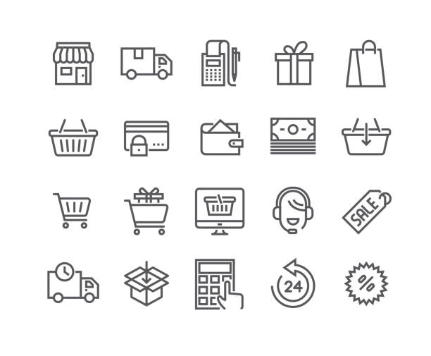 편집 가능한 간단한 라인 스트로크 벡터 아이콘 설정, 전자 상거래 아이콘, 쇼핑백, 상점 판매, 온라인 지원 및 더 많은. 48 x 48 픽셀 완벽 한입니다. - e commerce 이미지 stock illustrations