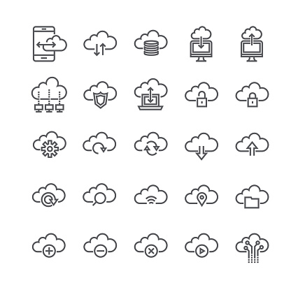 Editable simple line stroke vector icon set,Computer Cloud Internet System, Data Sharing, Transfer, Settings, Synchronization, Safety, Server.48x48 Pixel Perfect.