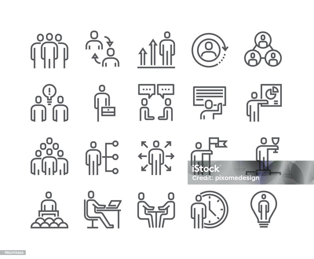 Línea simple editable movimiento vector conjunto de iconos, reunión de personas relacionados con negocios oficina, ganador, trabajo en equipo, presentación, conversación, Employment.48x48 Pixel Perfect. - arte vectorial de Personas libre de derechos