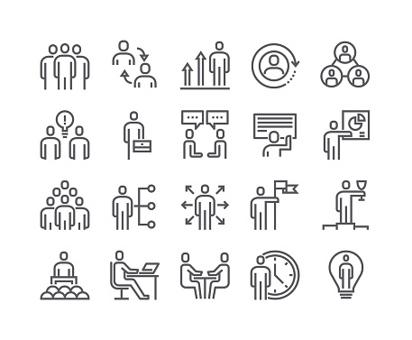 Editable simple line stroke vector icon set,Business Office Related People Meeting, Winner, Teamwork, Presentation, Conversation, Employment.48x48 Pixel Perfect.