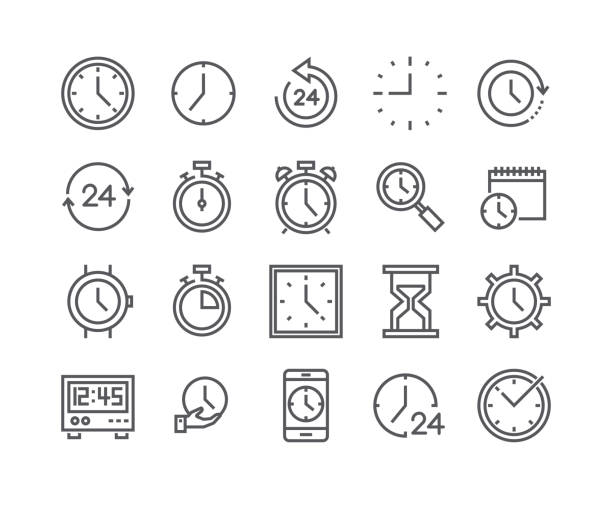 edytowalny prosty zestaw ikon wektora obrysu liniowego, zawiera takie ikony jak timer, prędkość, alarm, przywracanie, zarządzanie czasem, kalendarz, smartwatch, klepsydra i inne.. 48x48 pixel perfect. - wskazówka minutowa ilustracje stock illustrations
