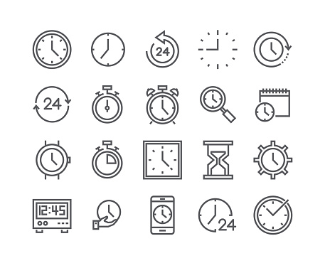 Editable simple line stroke vector icon set,Contains such Icons as Timer, Speed, Alarm, Restore, Time Management, Calendar, smartwatch, hourglass and more..48x48 Pixel Perfect.