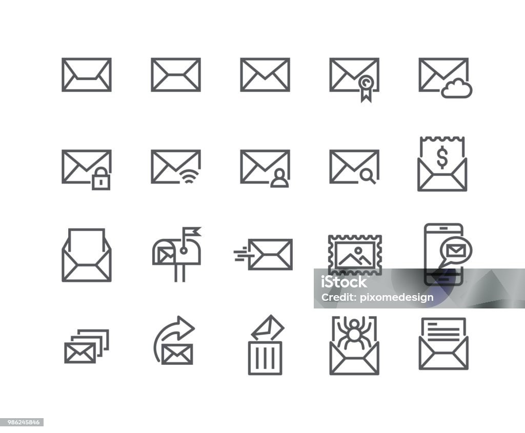 Curso editável simples linha icon set vector, contém ícones como Newsletter, Spam, privado, caixa de correio, agenda e muito mais... 48 x 48 Pixel perfeito. - Vetor de Envelope royalty-free