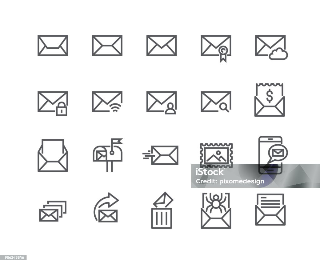 Editable simple line stroke vector icon set,Contains such Icons as Newsletter, Spam, Private, Mail Box, Address Book and more..48x48 Pixel Perfect. Envelope stock vector