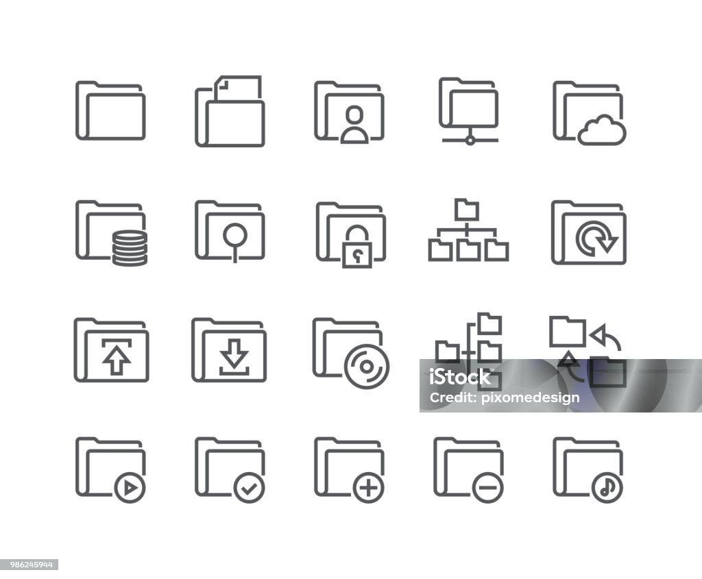 Editable simple line stroke vector icon set,Various folders System icons, shares, security, servers, relationships and more.48x48 Pixel Perfect. Thin Line Illustration stock vector