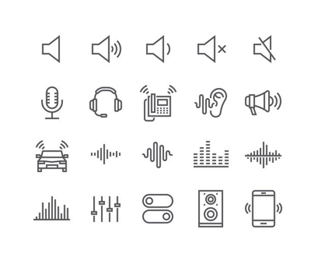 ilustrações de stock, clip art, desenhos animados e ícones de editable simple line stroke vector icon set,sound voulme process, audio wave, soundbeat, speaker and more. 48x48 pixel perfect. - silence