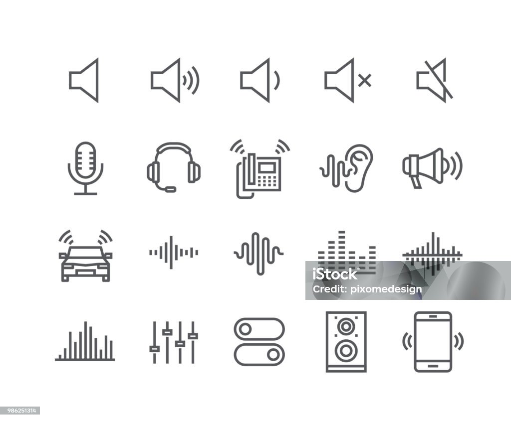 Editable simple line stroke vector icon set,Sound Voulme Process, audio wave, soundbeat, speaker and more. 48x48 Pixel Perfect. Noise stock vector