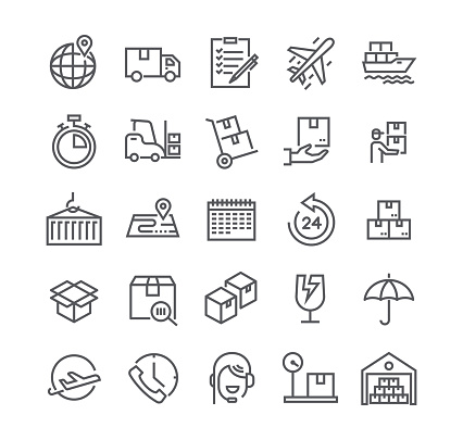 Editable simple line stroke vector icon set,Express Delivery, Tracking, delivery car, Logistics and more. 48x48 Pixel Perfect.