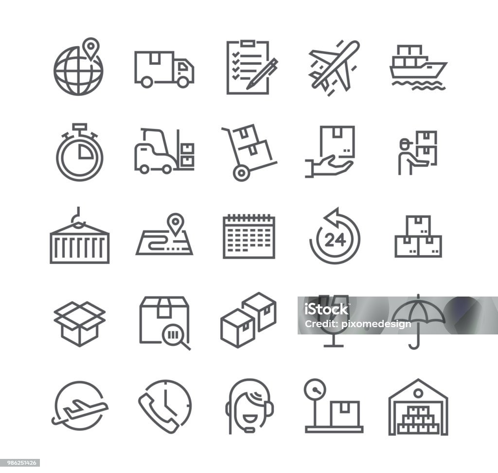 Editable simple line stroke vector icon set,Express Delivery, Tracking, delivery car, Logistics and more. 48x48 Pixel Perfect. Freight Transportation stock vector