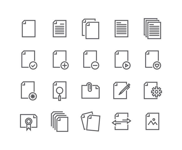 edytowalny prosty zestaw ikon wektorowych obrysu liniowego, zawiera takie ikony jak dokumenty, papier, udostępnianie danych, schowek, multimedialne pliki danych i więcej.48x48 pixel perfect. - tekst symbol ortograficzny ilustracje stock illustrations