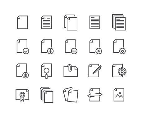 Editable simple line stroke vector icon set,Contains such Icons as documents,paper,sharing data,clipboard,multimedia data files and more.48x48 Pixel Perfect.