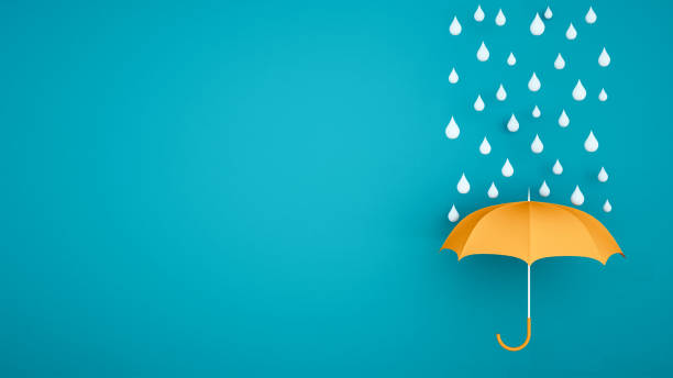 pomarańczowy parasol z kroplą wody na niebieskim tle - pora deszczowa na dzieła sztuki - pomarańczowy parasol z pogodą w porze deszczowej - ilustracja 3d - decorative umbrella zdjęcia i obrazy z banku zdjęć