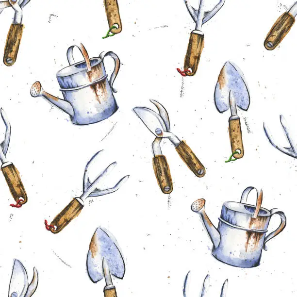 Vector illustration of Gardening Tools Watercolor and Ink Drawing in Seamless Pattern