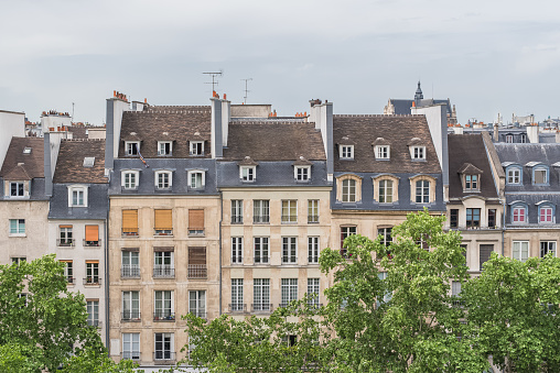 This image captures the quaint charm of the small French balconies that adorn the exterior of a Parisian building, nestled among the trees of a nearby park. The image showcases the intricate details of the balconies, from the wrought iron railings to the potted flowers that adorn them.