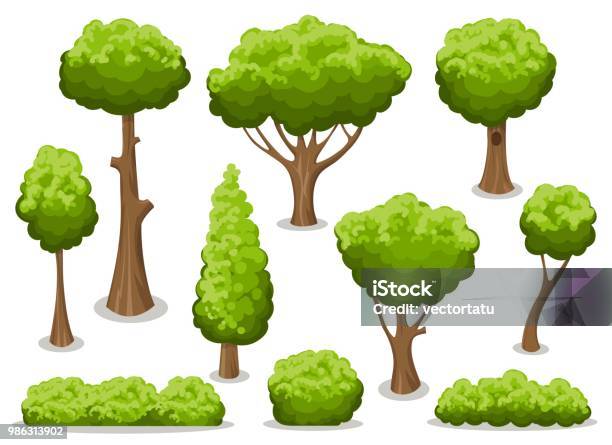 Cartoon Bush And Tree Set Stock Illustration - Download Image Now - Tree, Bush, Cartoon