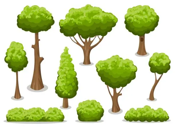 Vector illustration of Cartoon bush and tree set