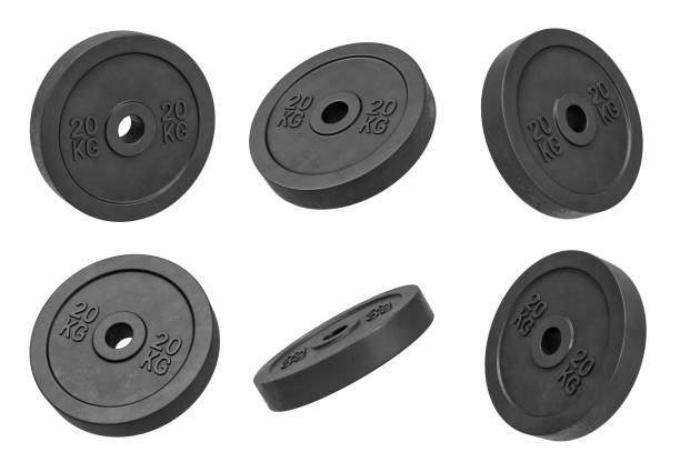 istock 3d rendering of many isolated black 20 kg barbell weights hanging on a white background turned to different sides 986331236