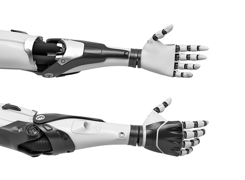 3d rendering of two robot arms with hands relaxed and open for handshake. High tech and invention. Human and robot cooperation. Friendly technologies.