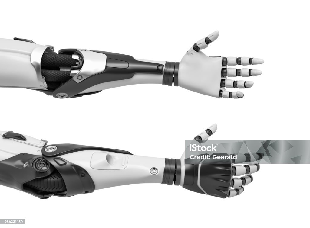 3d rendering of two robot arms with hands relaxed and open for handshake 3d rendering of two robot arms with hands relaxed and open for handshake. High tech and invention. Human and robot cooperation. Friendly technologies. Robotic Arm Stock Photo