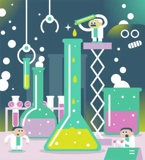 Vector illustration of Scientist or chemist team doing a scientific experiment and bizarre monster peeking at them