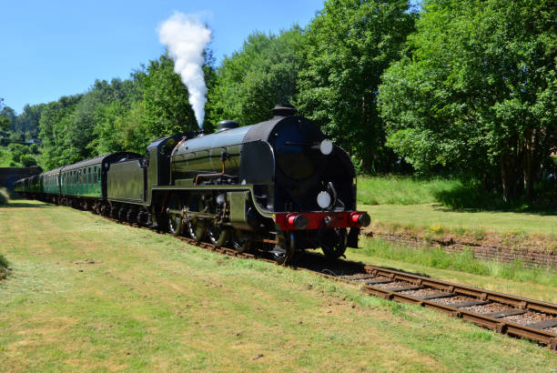istock Vintage steam train emerging from a tunnel on a heritage railway line. 986342000