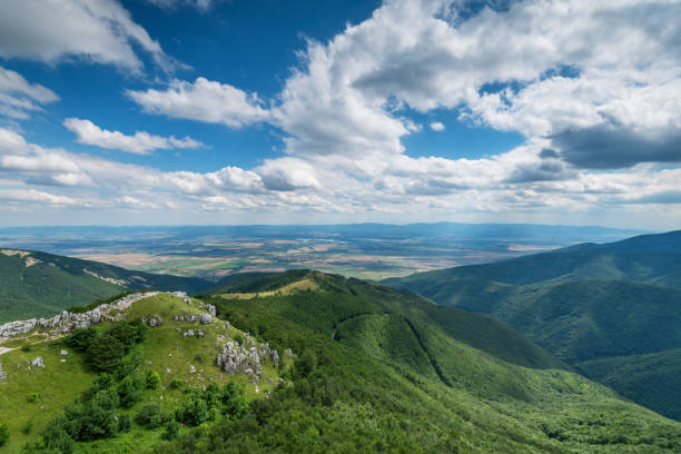 Beautiful nature background in the mountains during the summer. Bulgarian Mountains at Shipka Pass. View from Shipka Memorial. batalha photos stock pictures, royalty-free photos & images