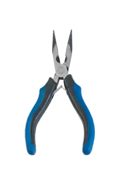 Photo of Needle Nose Pliers with blue dielectric handles isolated on white background top view