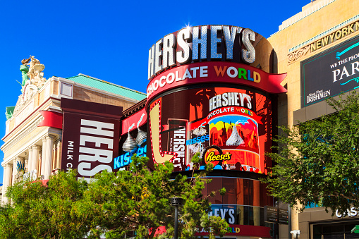 Las Vegas Nevada USA - Jun 30 2015: New York-New York Casino with Hershey's  and Hotel architecture façade features many of the New York City icons in Las Vegas, About 40 million people visiting the city each year.