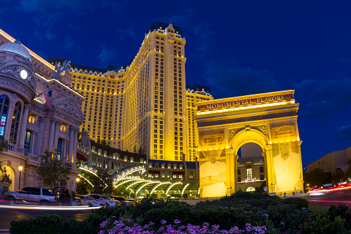 Las Vegas USA - JULY 8, 2015 - The Bellagio hotel recently completed at night, a $165 million dollar remodel of all 3,933 rooms and recently awarded AAA five diamond award for the 14th consecutive year in a row.