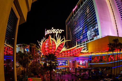 Las Vegas USA - Jun 08, 2015: Las Vegas boulevard lit up at night, known for its concentration of resort hotels and casinos. Most visible aspects of the dramatic architecture and lights.