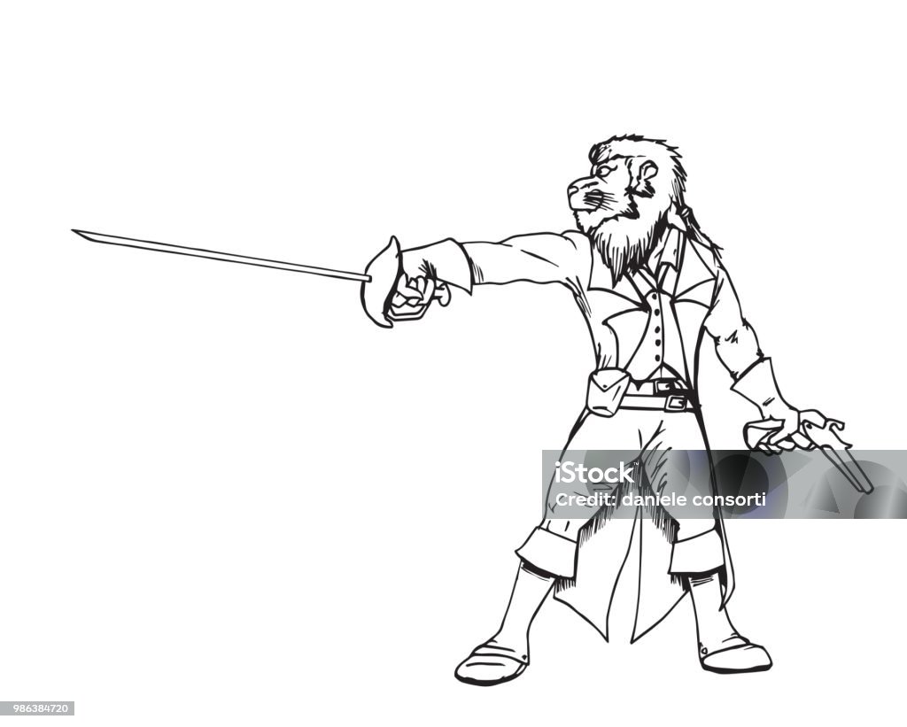 lion soldier revolution French with sword Hand drawing of a lion's head warrior during the French revolution with sword and gun Art stock vector