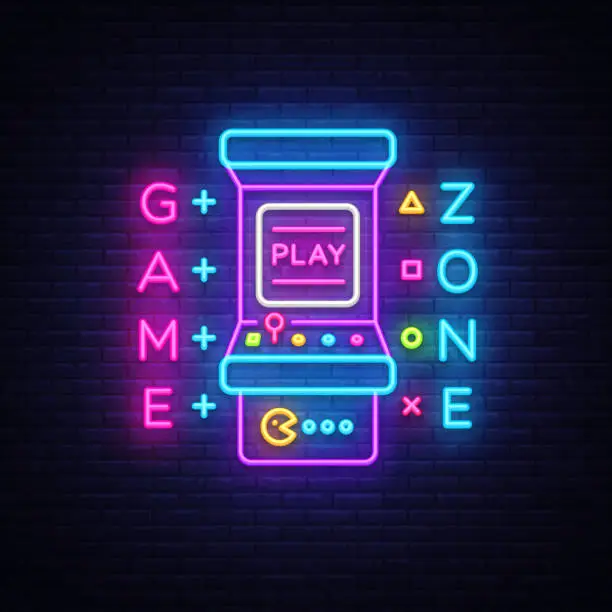 Vector illustration of Game Zone Logo Vector Neon. Game Room neon sign board, design template, Gaming industry advertising, Gaming Machine vector, light banner, bright night neon design element. Vector Art