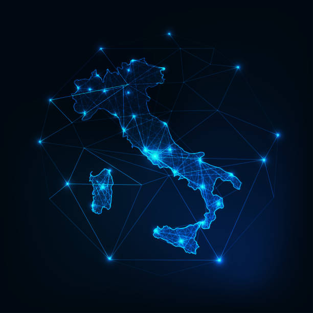 ilustraciones, imágenes clip art, dibujos animados e iconos de stock de contorno del mapa de italia con las estrellas y líneas resumen marco. comunicación, concepto de conexión. - italia