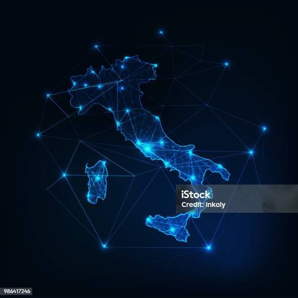 Italy Map Outline With Stars And Lines Abstract Framework Communication Connection Concept Stock Illustration - Download Image Now