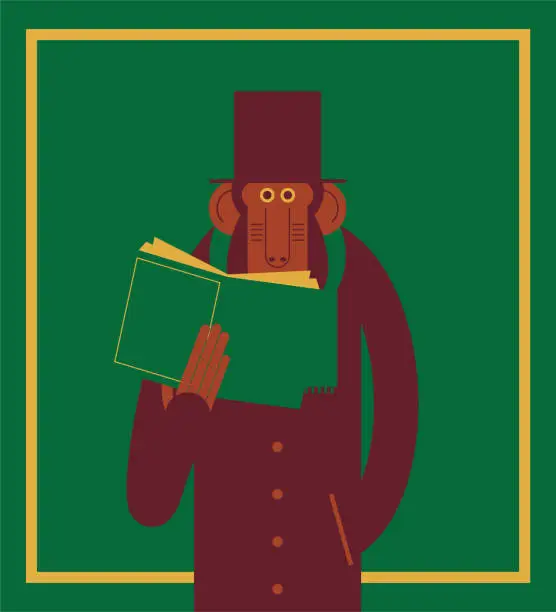 Vector illustration of Monkey in winter clothes with top hat reading a book