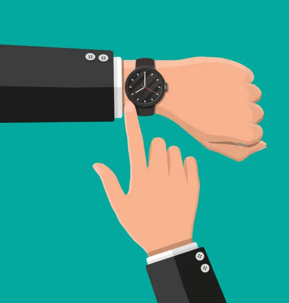 Vector illustration of Wristwatch on hand. Man check the time.