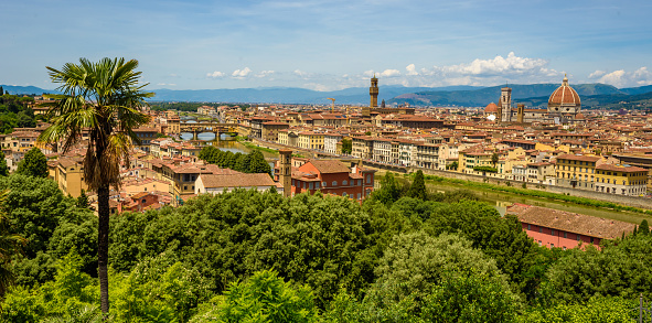 View of Florence from Piazzale Michelangelo - River Arno with Ponte Vecchio and Palazzo Vecchio, Duomo Santa Maria Del Fiore and Bargello - Tuscany, Italy