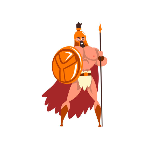 istock Spartan warrior in golden armor and red cape standing with shield and spear vector Illustration on a white background 986441990