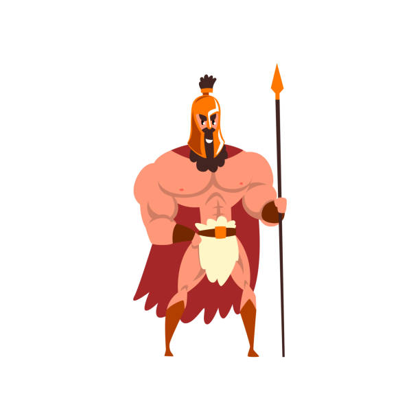 istock Spartan warrior in golden armor and red cape with spear vector Illustration on a white background 986442356
