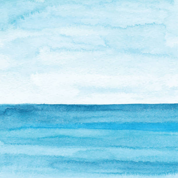 illustrations, cliparts, dessins animés et icônes de fond de l’océan bleu aquarelle - mer horizon bleu