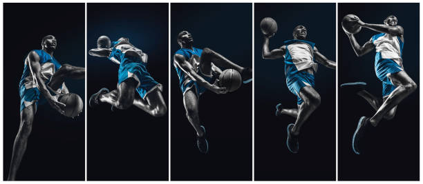 The african man basketball player jumping with ball The african man basketball player jumping with ball on black background. Collage silhouette of basketball player slam dunk stock pictures, royalty-free photos & images